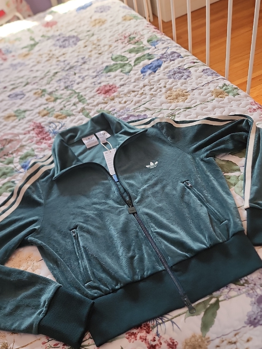 adidas Green Velour Track Jacket with White Stripes